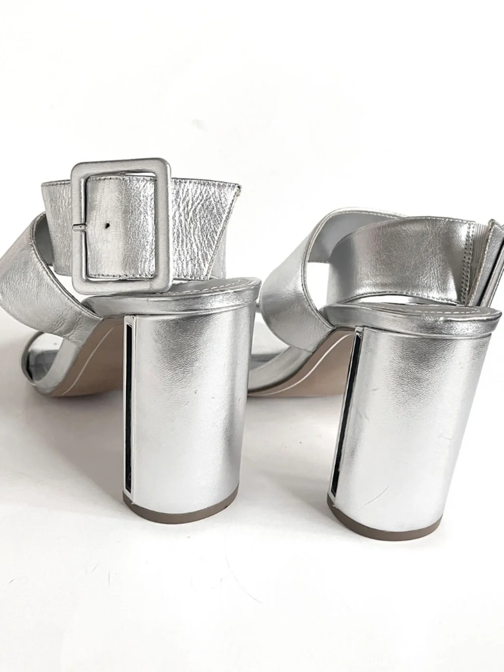 DKNY Women's Silver Metallic Leather Strappy Block Heeled Sandals Size: 9M